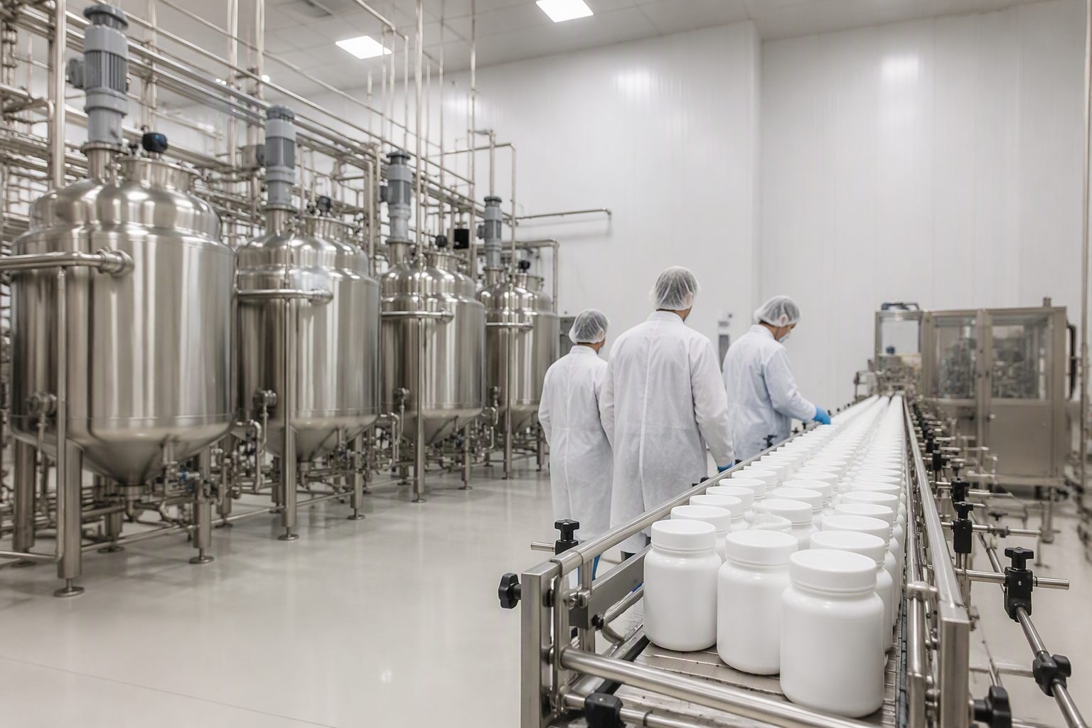 Representative production hall with stainless mixing vessels and a conveyor of unbranded jars