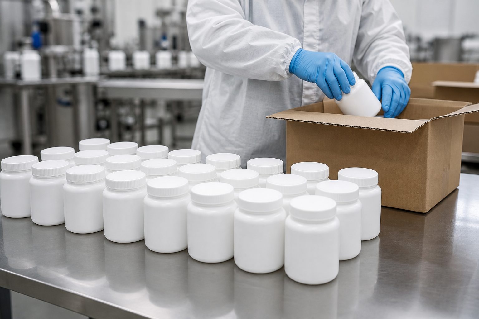 Representative packaging bench with rows of unbranded jars being cased