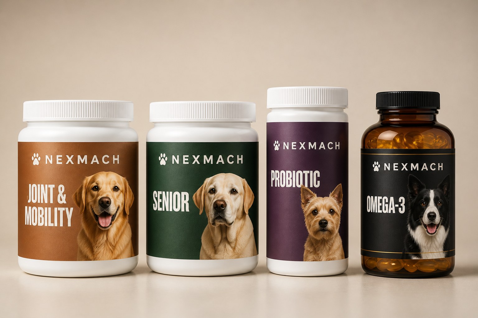The finished four-pack NexMach Pet range in one row: joint, senior, probiotic and omega-3