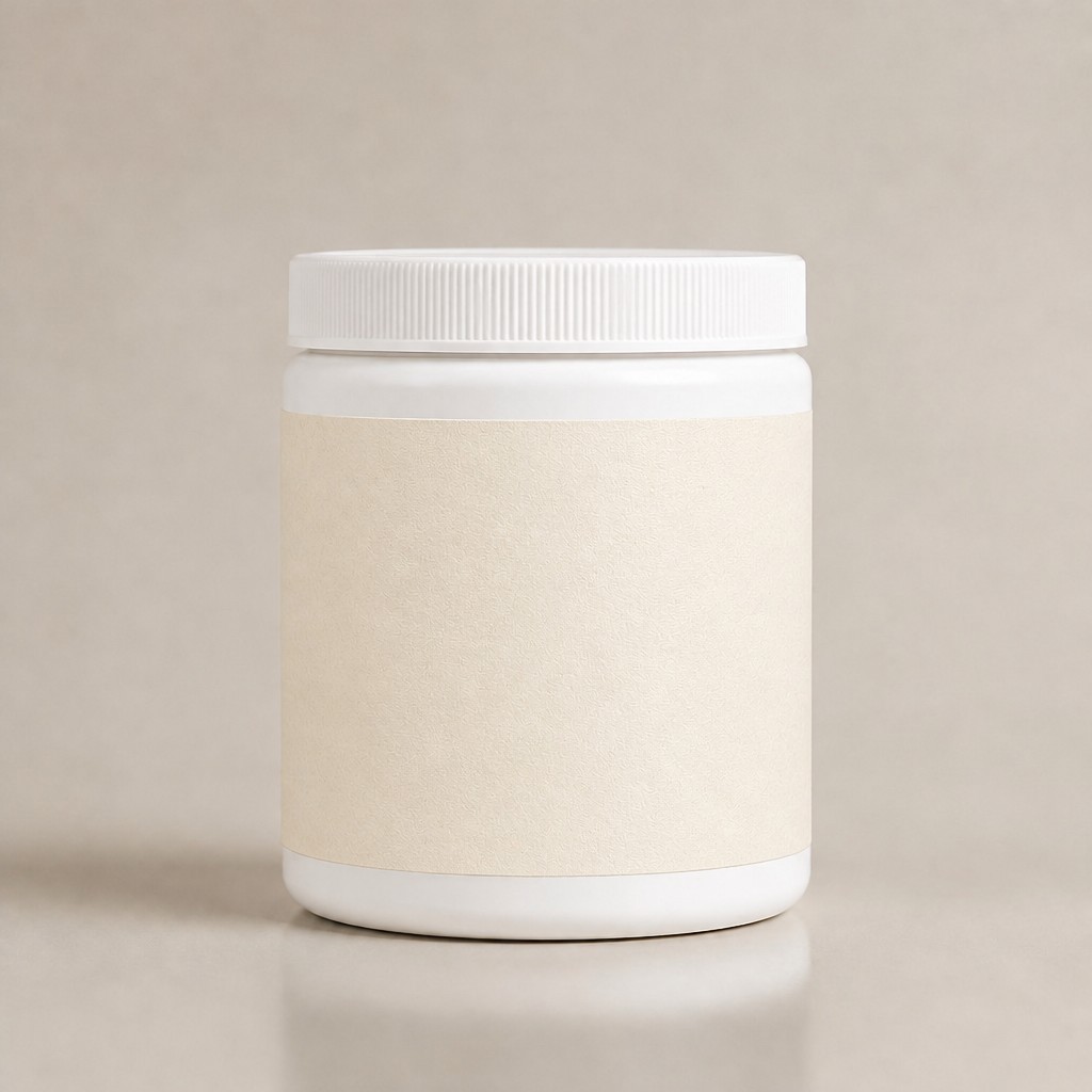 White supplement jar with a plain printed label, used as the base for the label preview